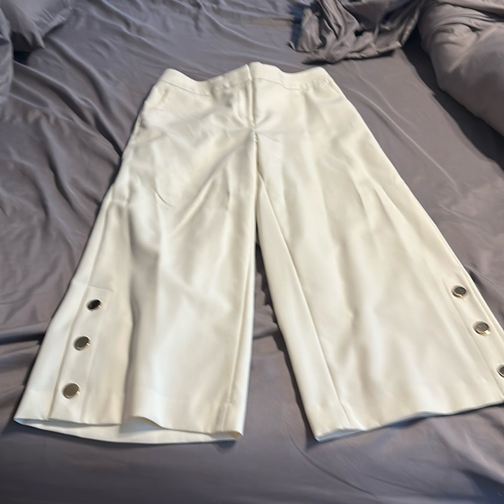 LOFT Cream Wide Leg Pants with Button Detail